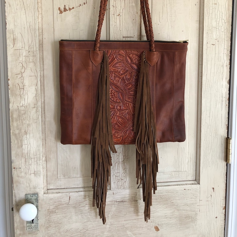 Tooled Leather Fringe Tote + Clutch